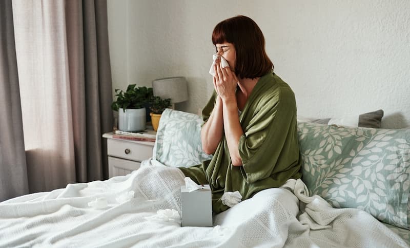 Eine Frau sitzt mit Schnupfen im Bett, wie lange darf man krankgeschrieben sein?